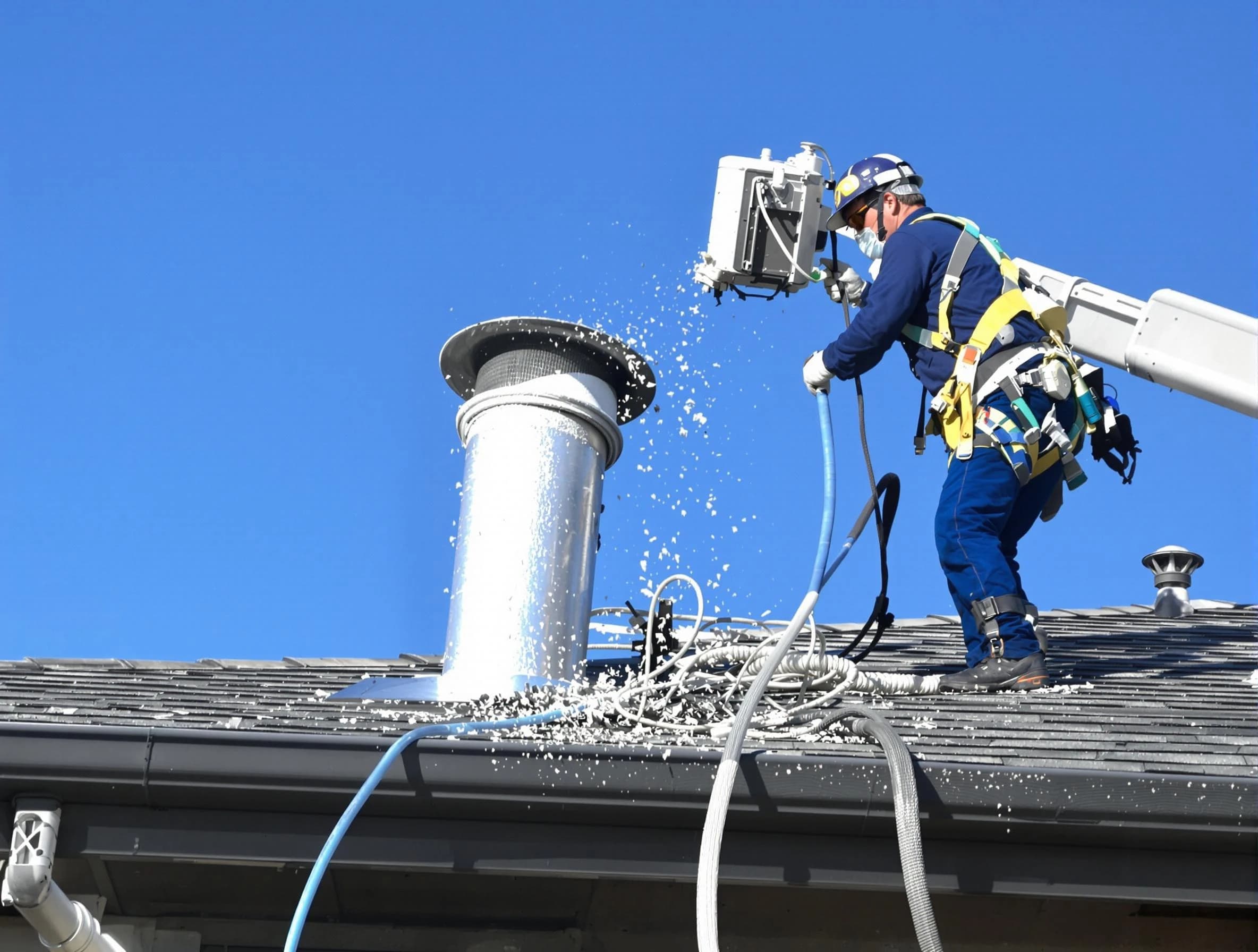 Dracut Dryer Vent Cleaning certified technician safely cleaning a roof-mounted dryer vent in Dracut