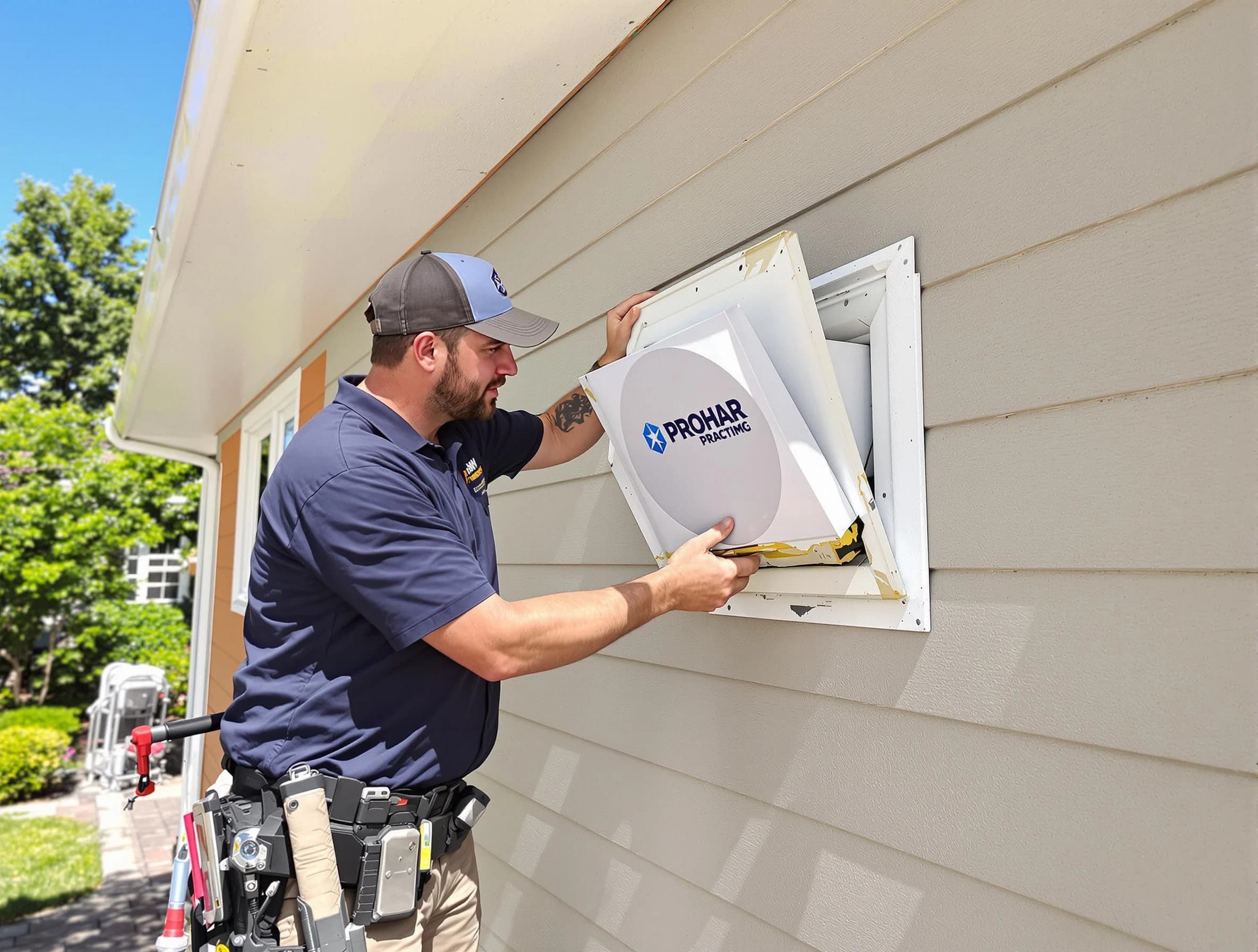 Dracut Dryer Vent Cleaning technician installing a new protective dryer vent cover on a home in Dracut