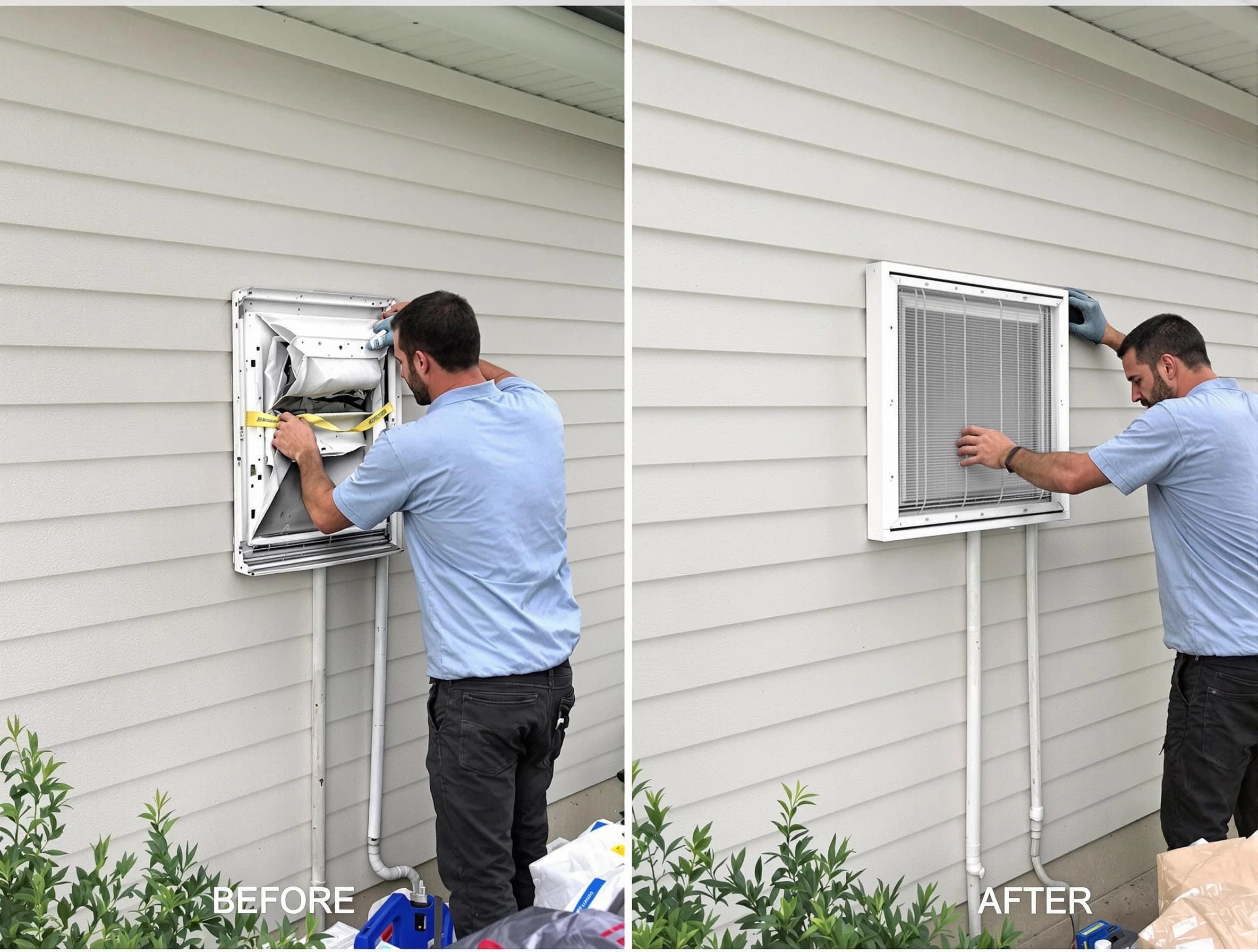Dracut Dryer Vent Cleaning technician installing high-quality dryer vent cover at a residential property in Dracut