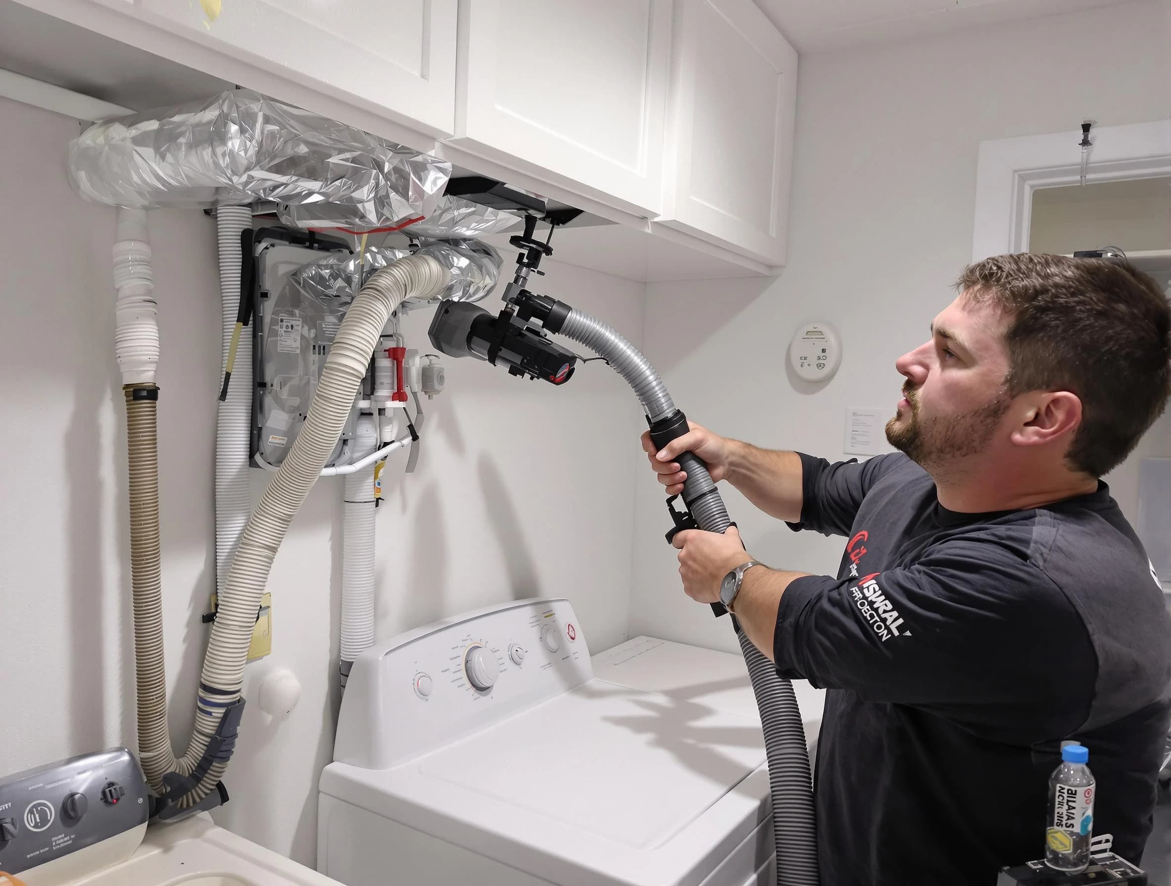 Dracut Dryer Vent Cleaning certified technician performing safety-focused gas dryer vent cleaning in Dracut