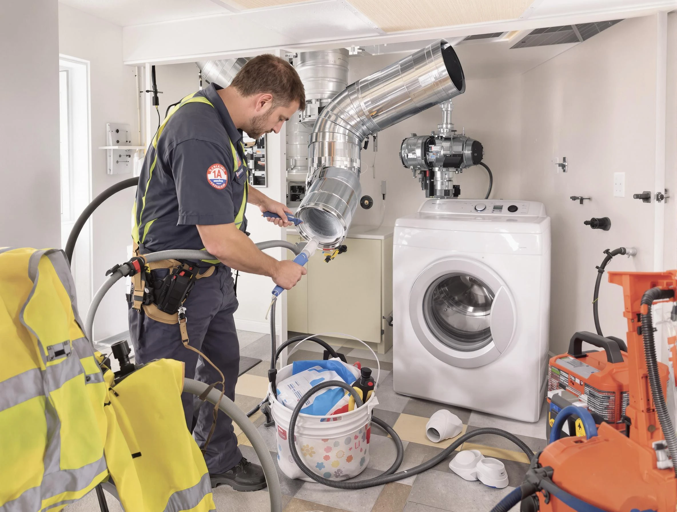 Dracut Dryer Vent Cleaning technician using specialized equipment to clear severe dryer vent blockage in Dracut