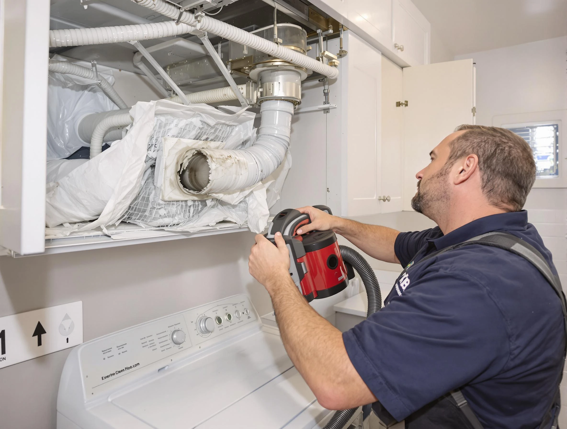 Dracut Dryer Vent Cleaning technician performing professional exhaust vent cleaning at a residential property in Dracut
